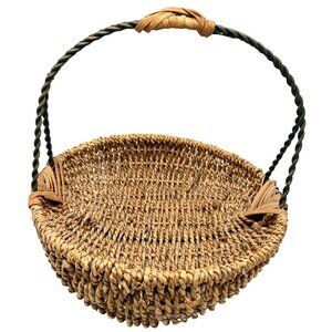 Handwoven Rattan Melon Basket Braided Metal Handle Rustic Farmhouse Style 9"